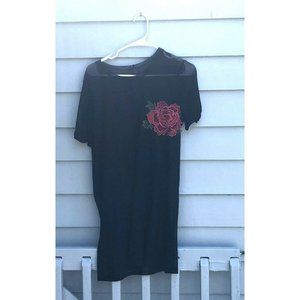 I JOAH Sheer Mesh Black long tunic mini dress Pink Flower embellishment